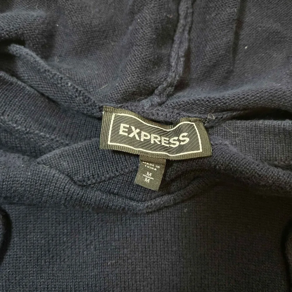 Express Mens Knit Hoodie Sweater Size M Navy Blue Gray Pullover Long Sleeve